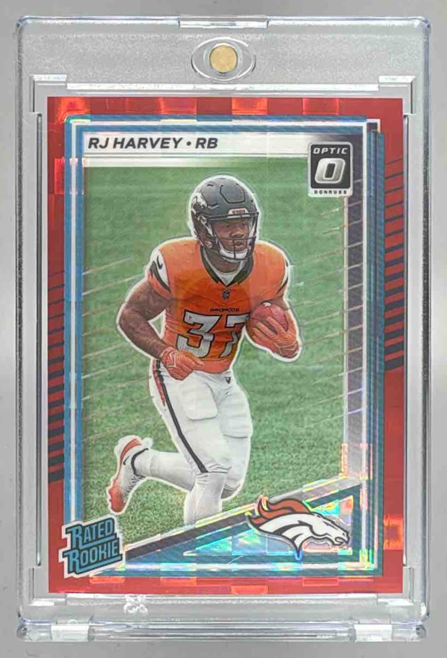 Card image for 2025 Panini Donruss RJ Harvey Optic Rated Rookie Preview Red Pandora #312 RC Broncos