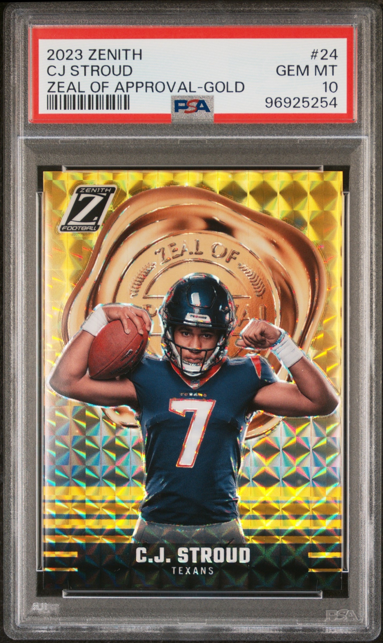Card image for 2023 Panini Zenith C.J. Stroud Zeal of Approval Gold /10 #24 RC Texans PSA 10