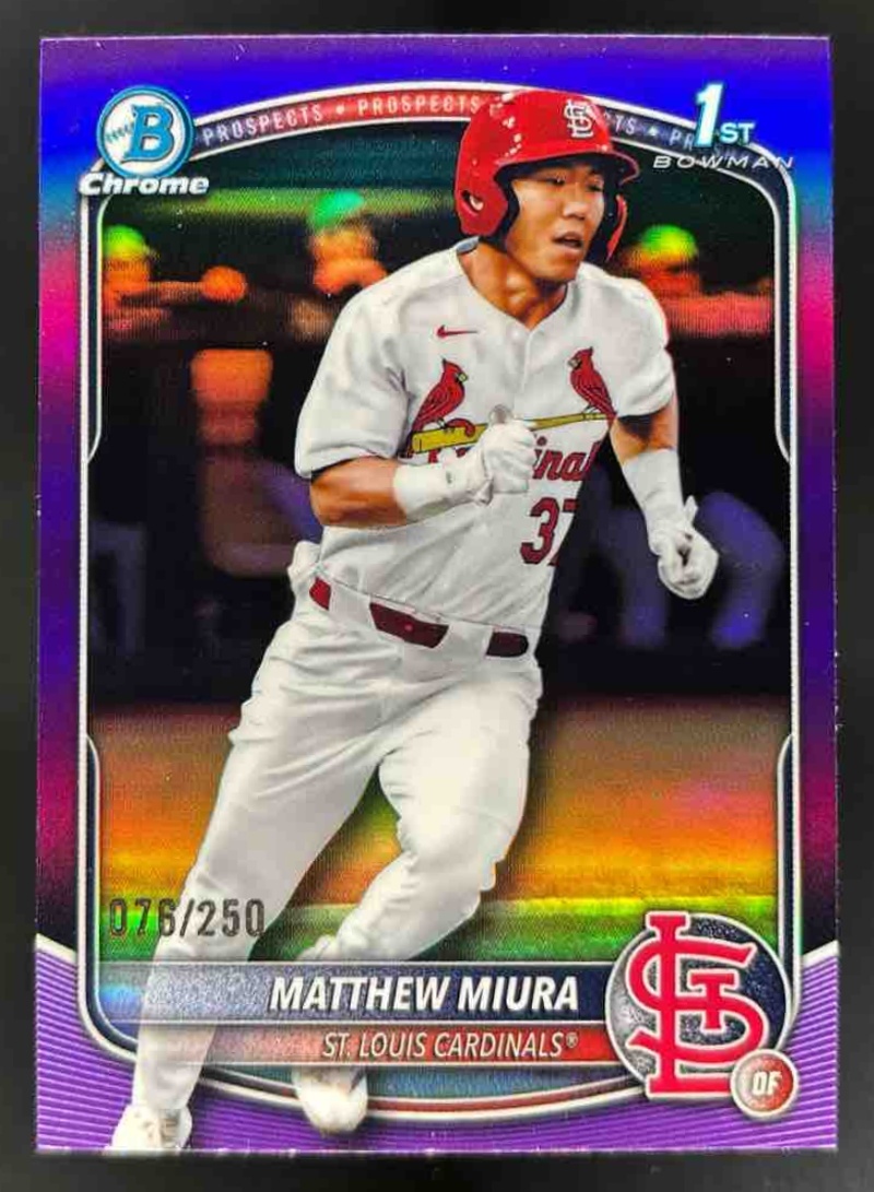 Card image for 2025 Bowman Draft Matthew Miura Chrome Purple Refractor /250 #BDC-57 Cardinals