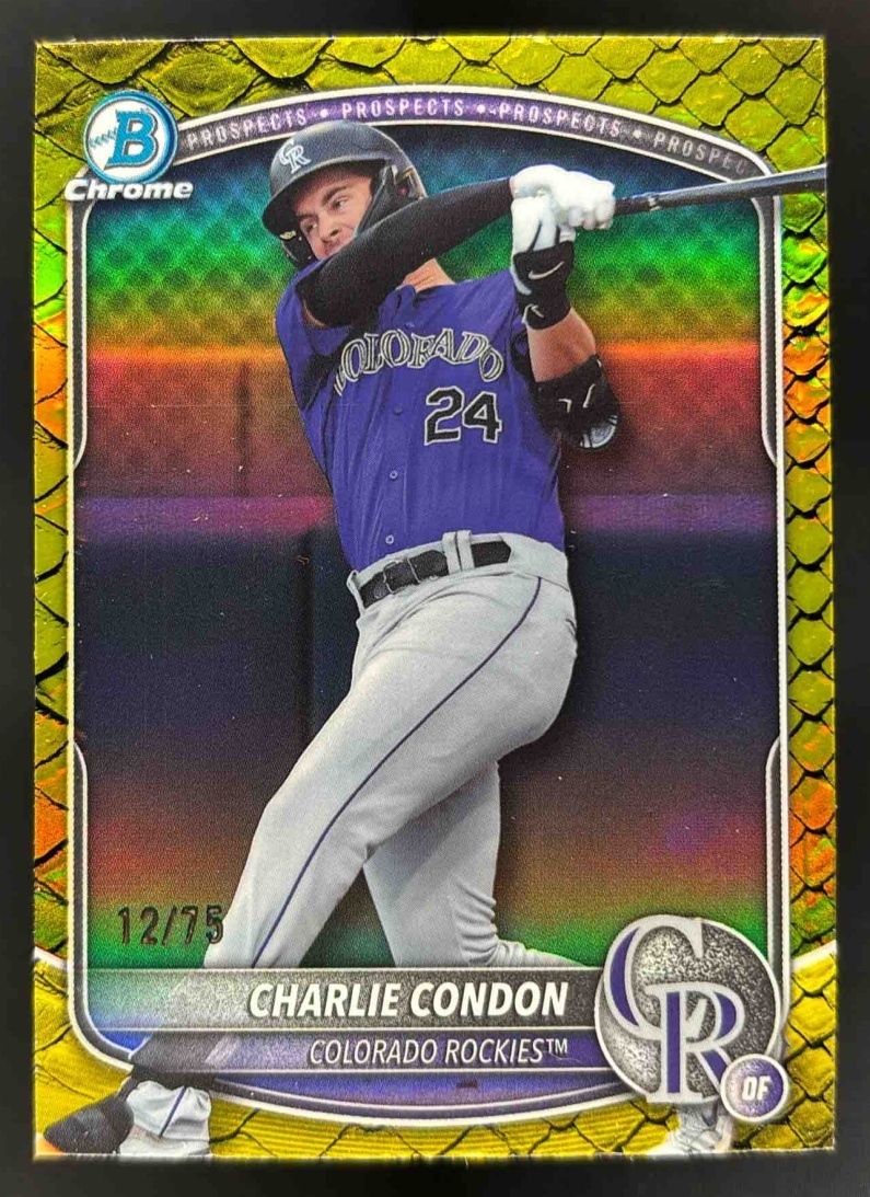 Card image for 2025 Bowman Draft Charlie Condon Chrome Yellow Reptilian Refractor /75