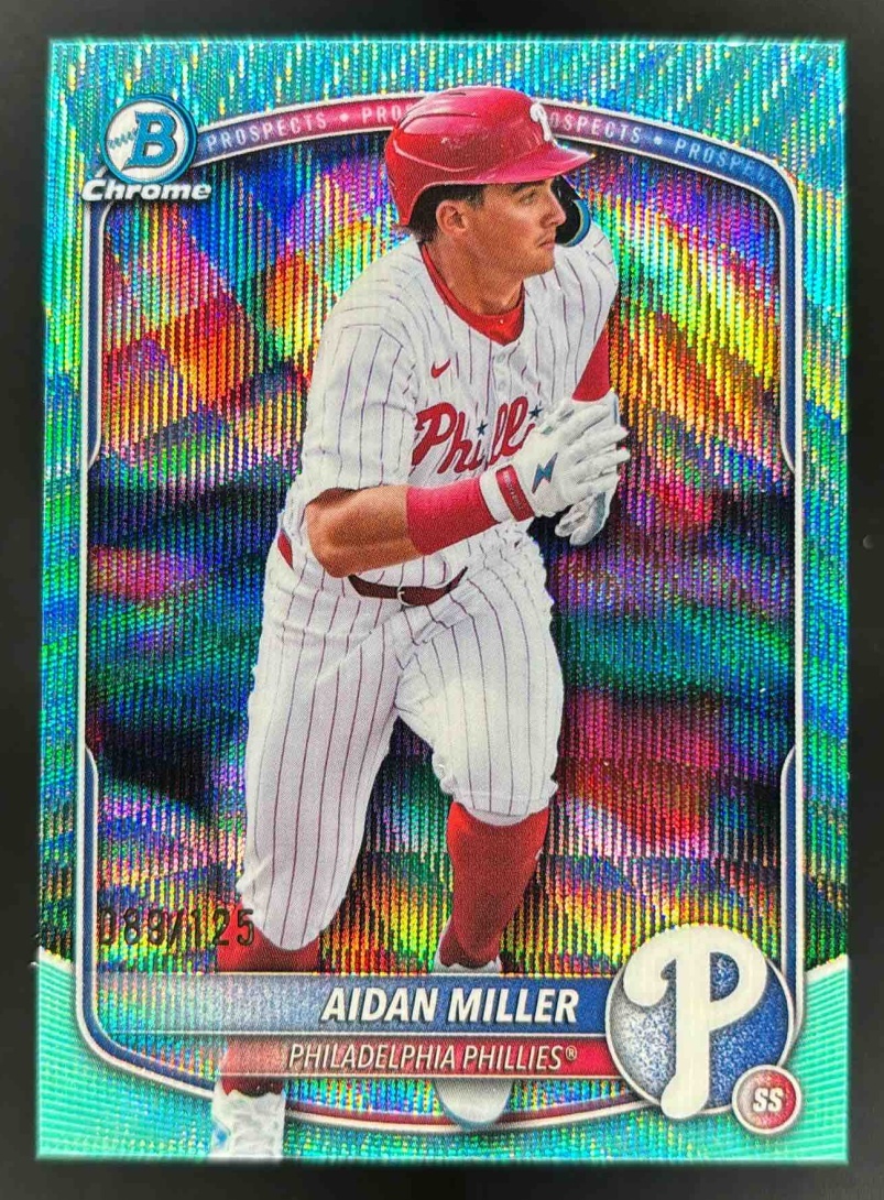 Card image for 2025 Bowman Draft Aidan Miller Chrome Aqua Wave Refractor /125 #BDC-180 Phillies