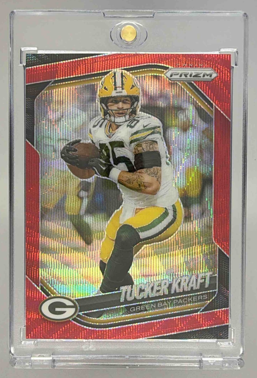 Card image for 2025 Panini Football Prizm Tucker Kraft Red Wave /149 #127 Green Bay Packers