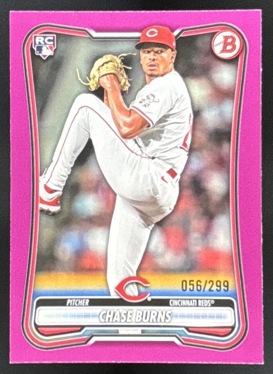 Card image for Chase Burns 2026 Bowman Fuchsia Border /299 Cincinnati Reds