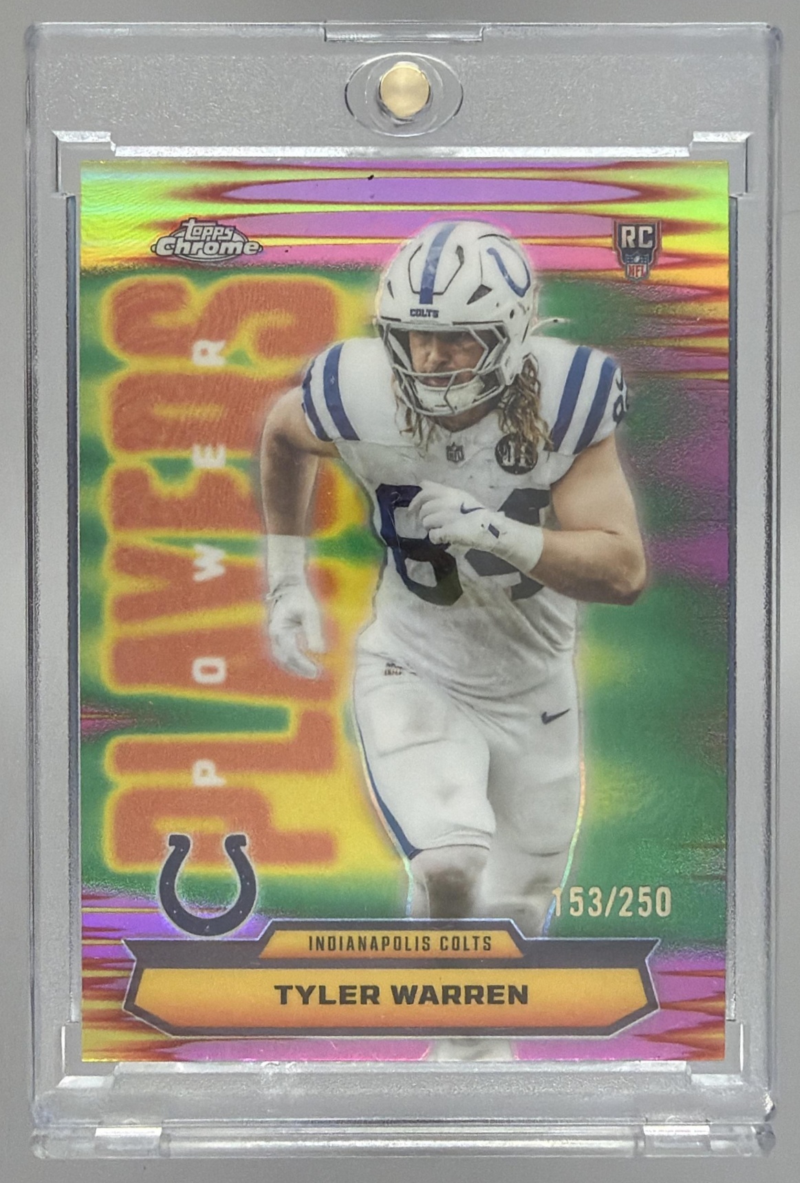 Card image for 2025 Topps Chrome Tyler Warren Power Players Pink Refractor /250 #PP-35 RC Colts