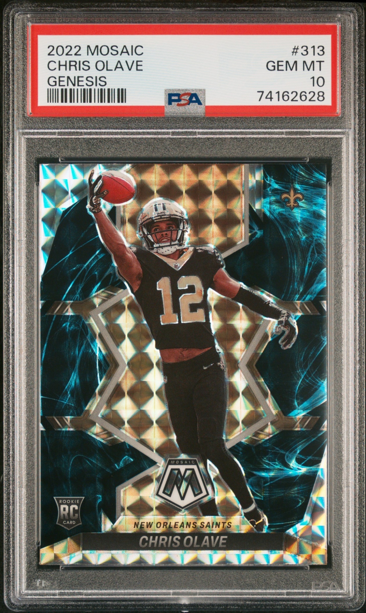 Card image for 2022 Panini Mosaic Chris Olave Mosaic Genesis #313 RC Saints