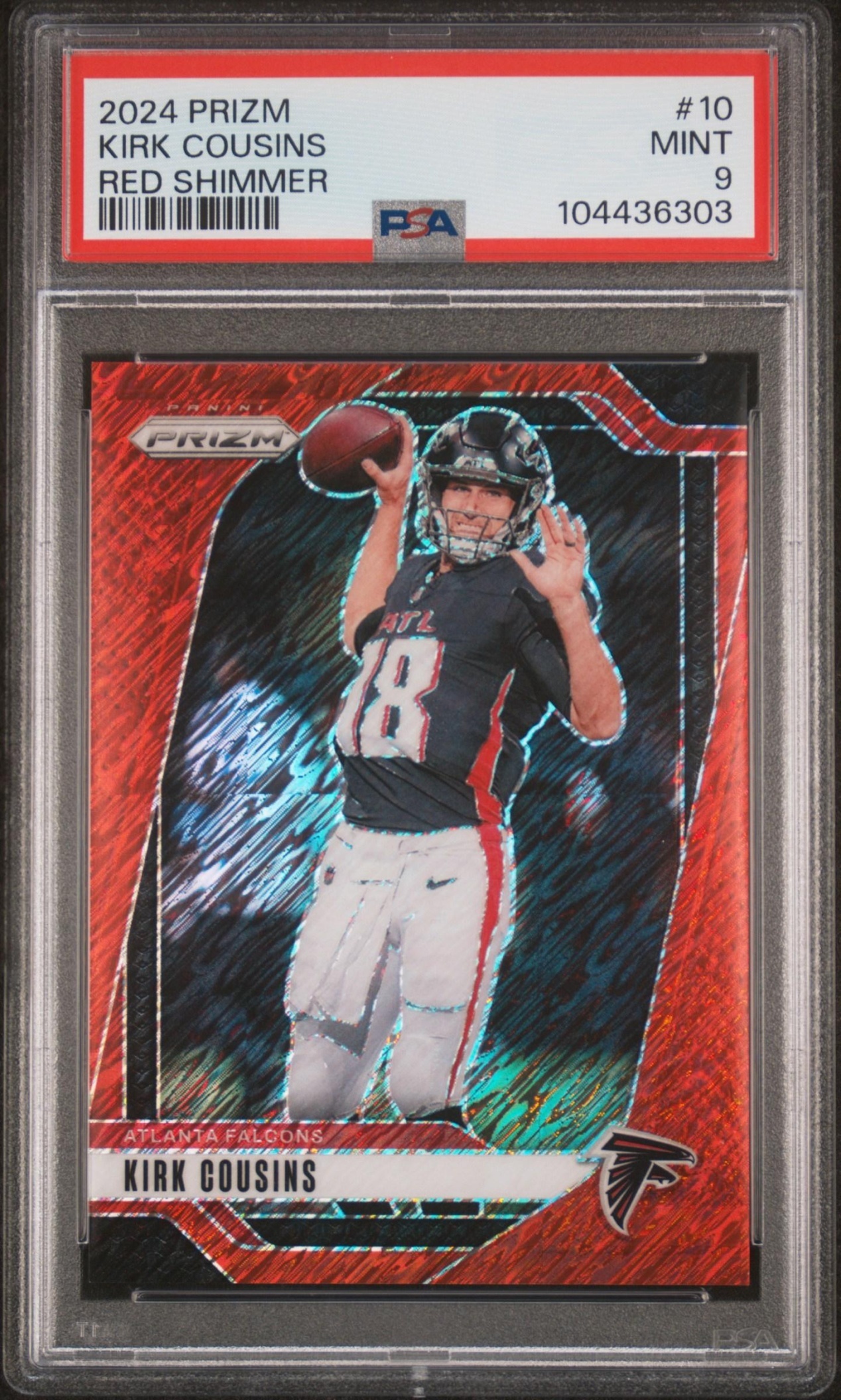 Card image for 2024 Panini Football Prizm Kirk Cousins Red Shimmer /35 #10 Atlanta Falcons