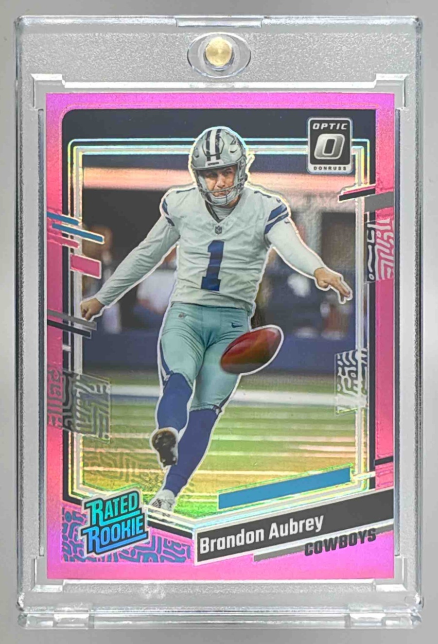 Card image for 2023 Panini Donruss Optic Brandon Aubrey Pink Prizm #226 RC Rated Rookie Cowboys