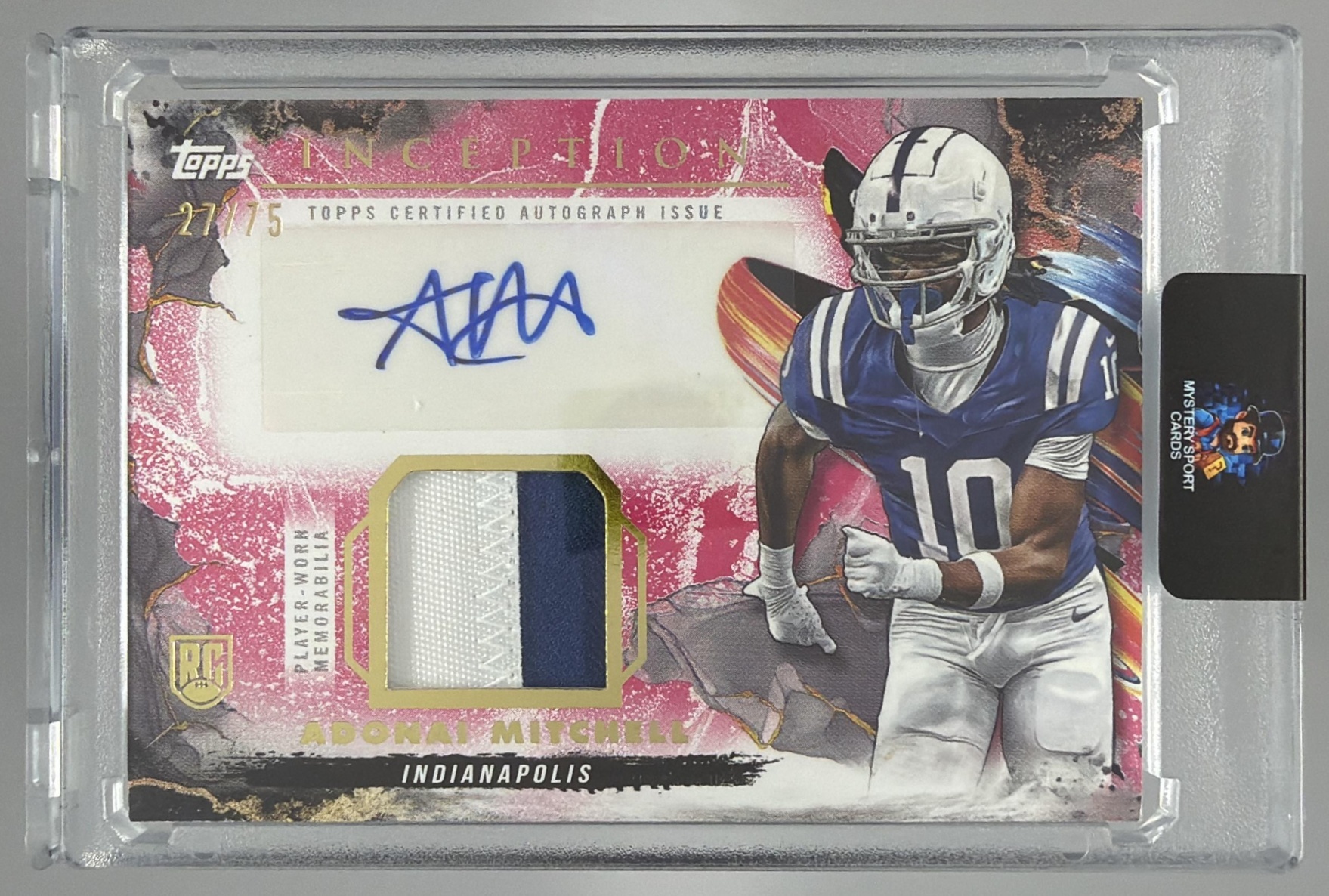Card image for 2024 Topps Inception Adonai Mitchell Provenance Patch Auto Red /75 #PPA-AM MEM RC Colts