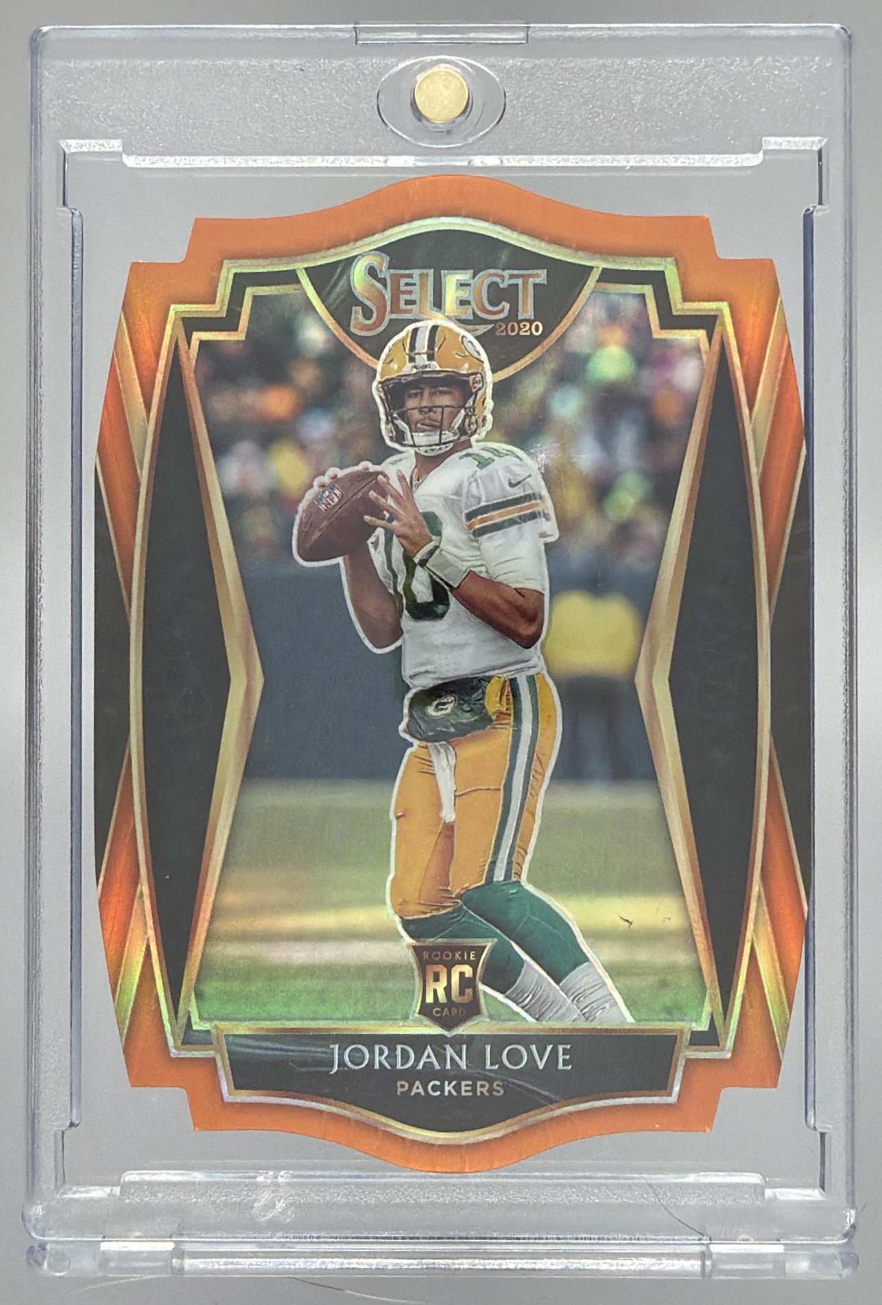 Card image for 2020 Panini Select Jordan Love Orange Prizm Die Cut #147 RC Premier Level Packers