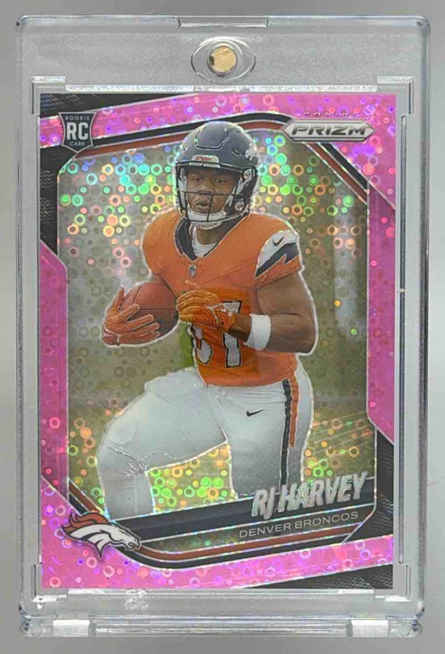 Card image for 2025 Panini Football Prizm RJ Harvey No Huddle Pink /25 #303 RC Denver Broncos