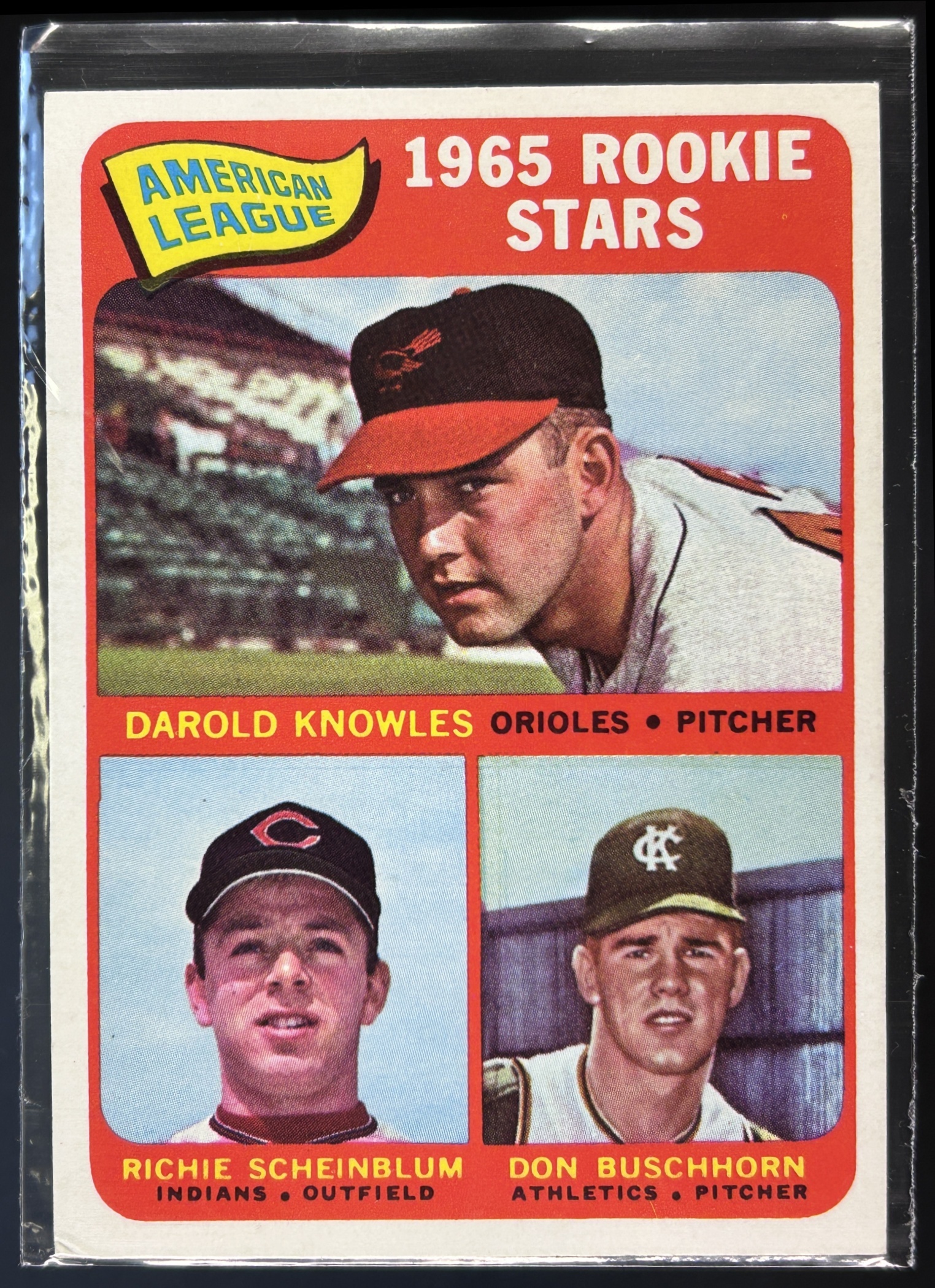 Card image for 1965 AMERICAN LEAGUE ROOKIE STARS DAROLD KNOWLES RICHIE SCHEINBLUM DON BUSCHHORN RS, #577 SP HI # RC