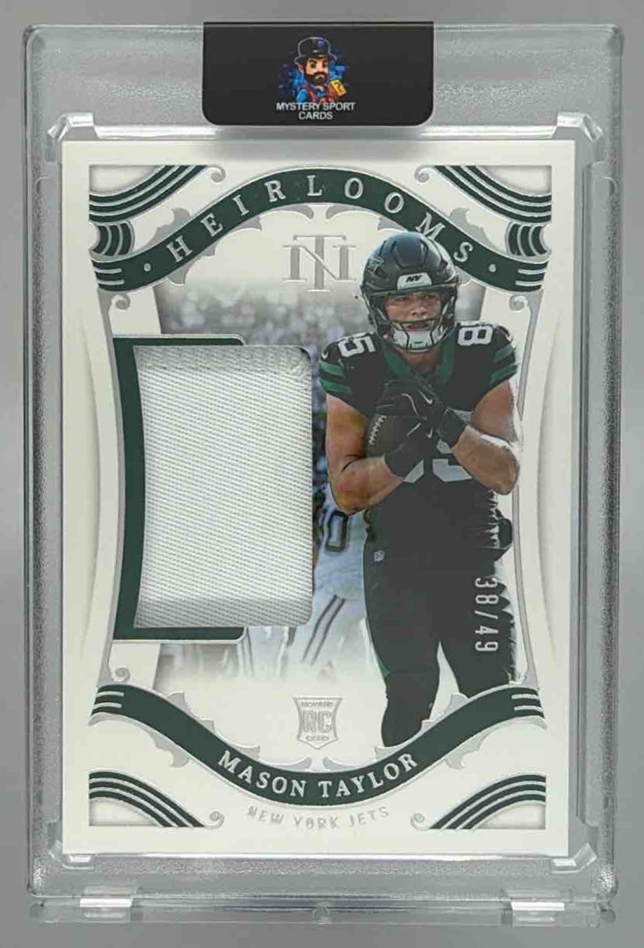 Card image for 2025 Panini National Treasures Mason Taylor Heirlooms /49 #H-MTR MEM RC Jets