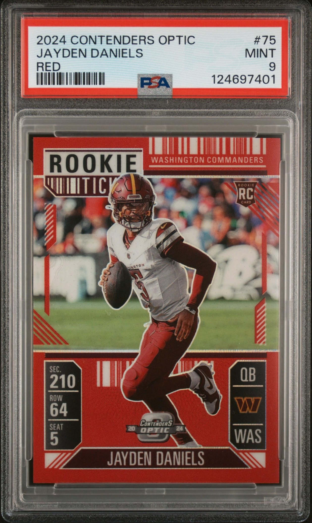 Card image for 2024 Panini Contenders Optic Jayden Daniels Rookie Ticket Red Prizm /199 #75 RC Commanders