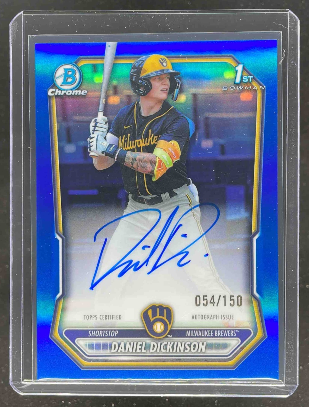 Card image for 2026 Bowman Daniel Dickinson Chrome Auto Blue Refractor /150 #CPA-DD 1st Prospect