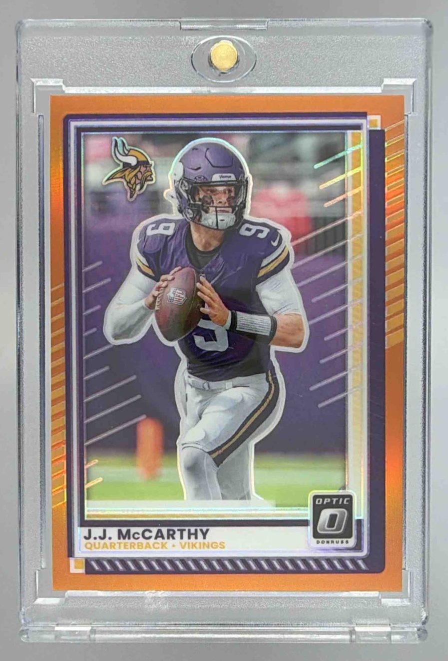 Card image for 2025 Panini Donruss Optic J.J. McCarthy Orange Prizm /299 #46 Vikings