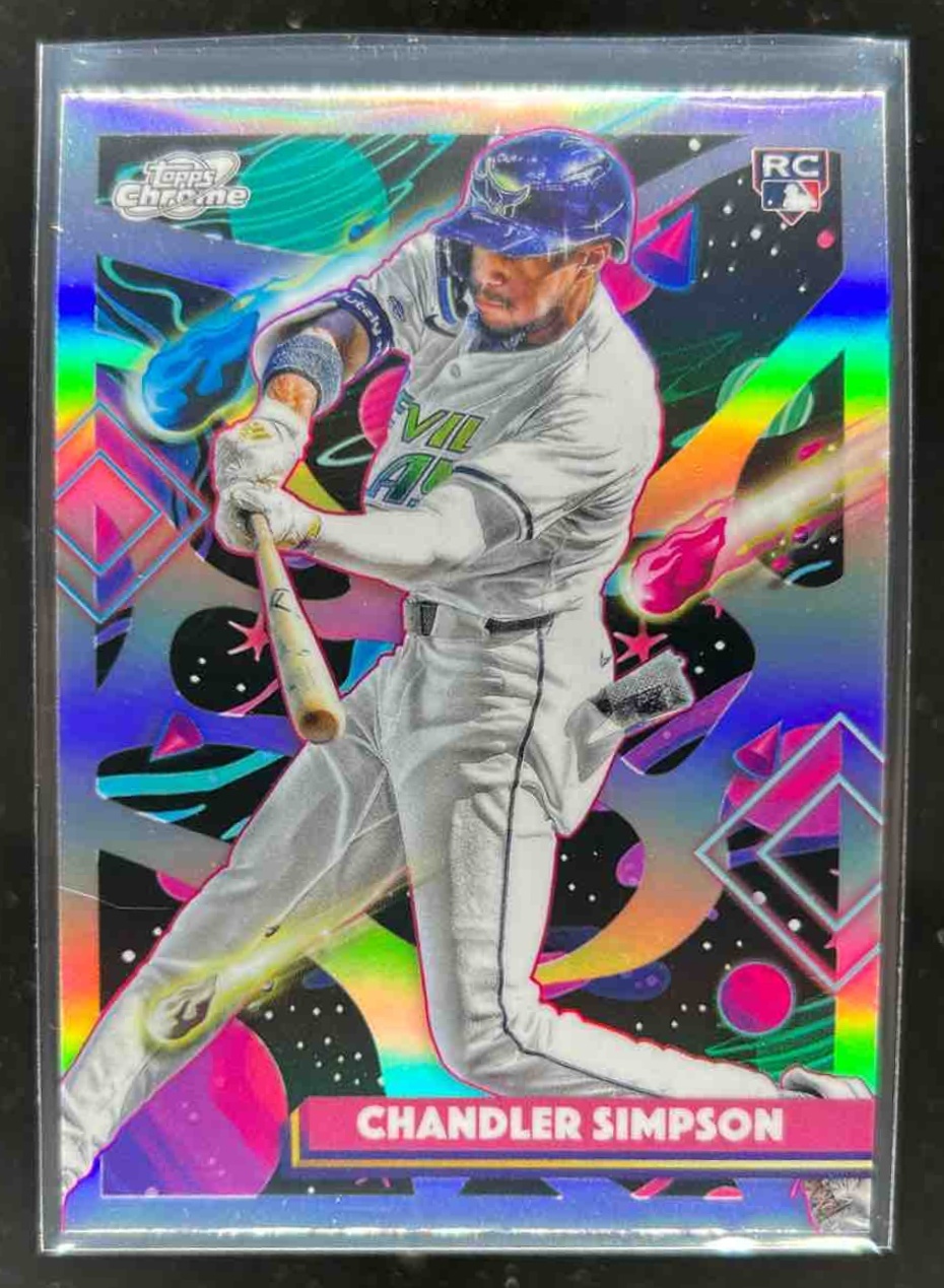 Card image for Chandler Simpson 2025 Topps Baseball Cosmic Chrome Refractor RC Tampa Bay Rays