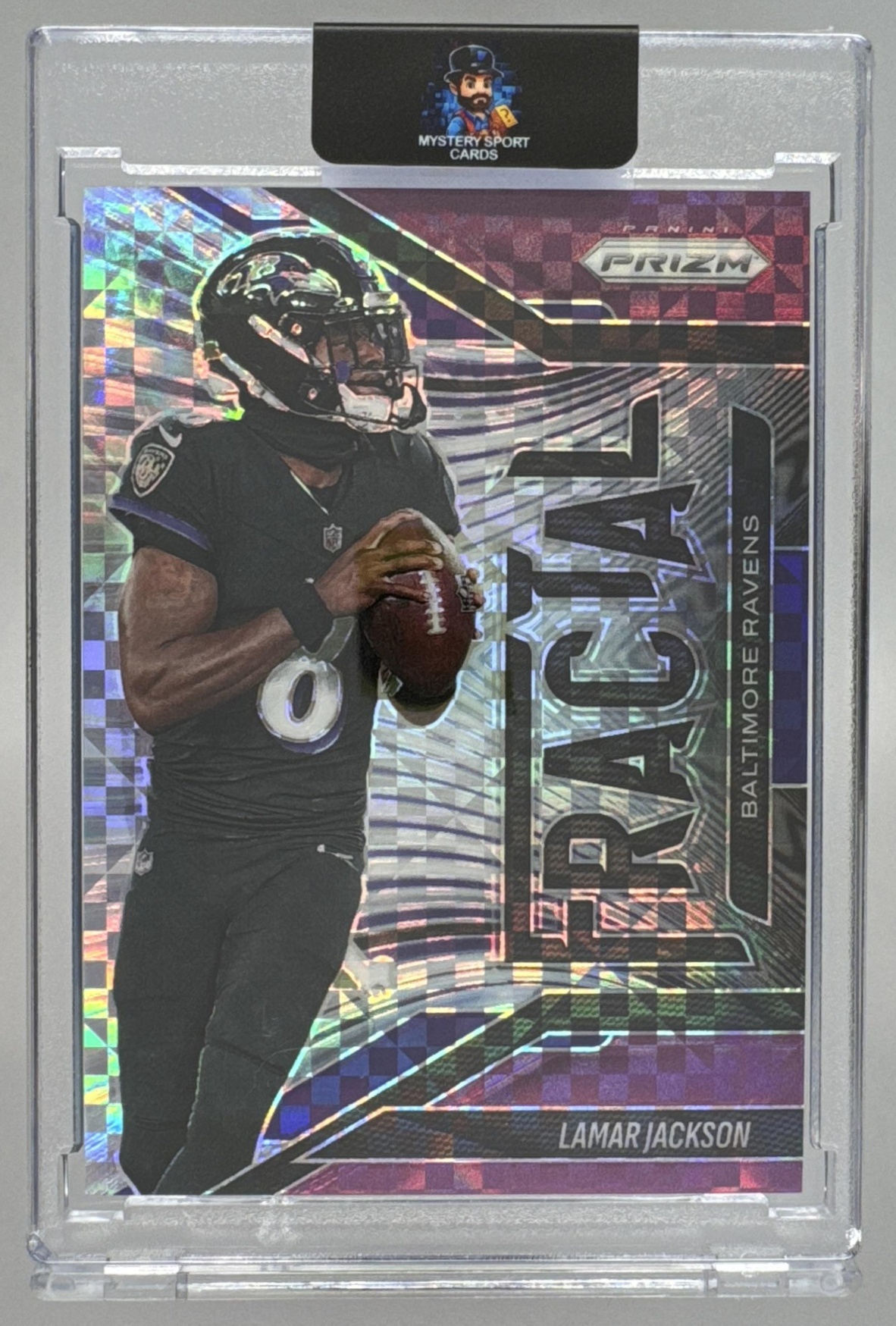 Card image for 2025 Panini Prizm Lamar Jackson Fractal Purple Power /49 #2 Ravens