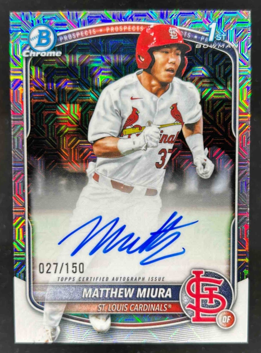 Card image for Matthew Miura 2025 Bowman Draft Chrome Prospect Auto HTA Choice Refractor /150