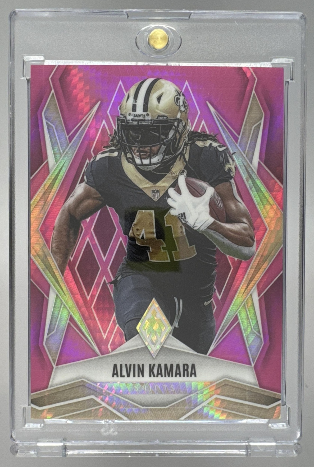 Card image for 2025 Panini Phoenix Alvin Kamara Pink Hyper Prizm /299 #22 Saints