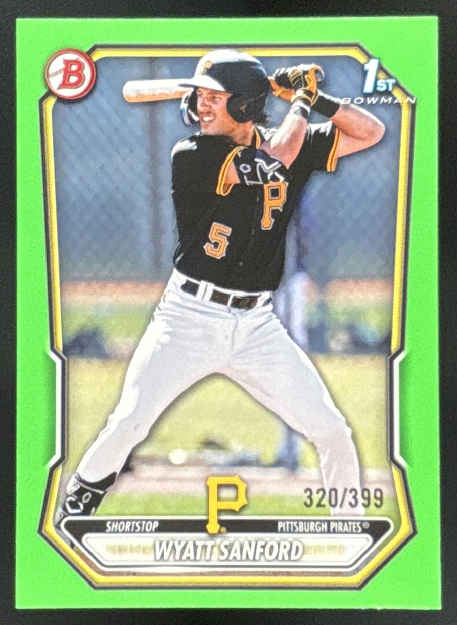Card image for Wyatt Sanford 2026 Bowman Neon Green Border /399 Prospects Pittsburgh Pirates