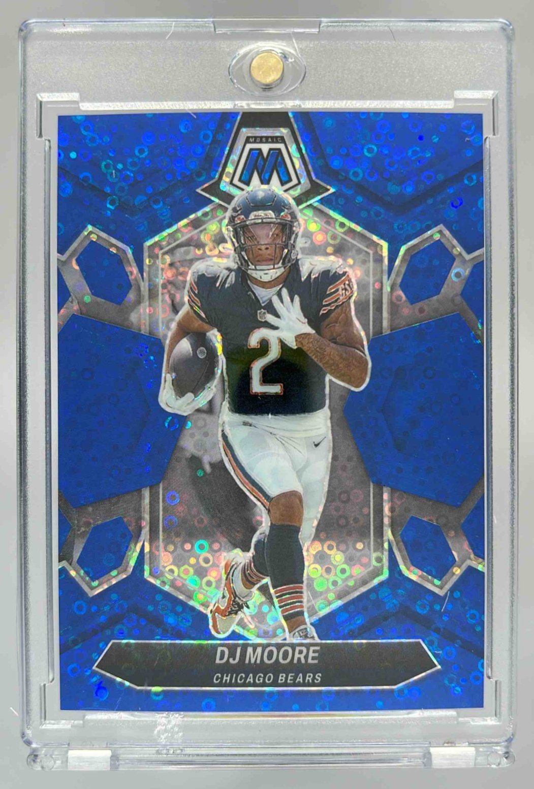 Card image for 2024 Panini Football Mosaic DJ Moore No Huddle Blue Prizm /75 #38 Chicago Bears