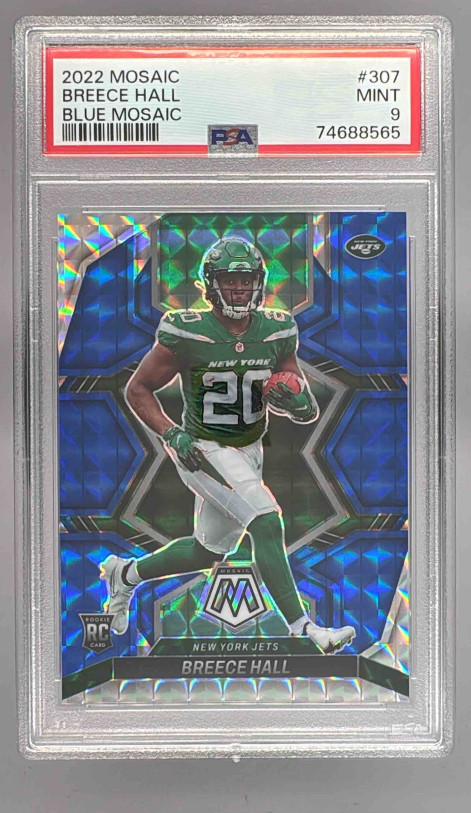 Card image for 2022 Panini Football Mosaic Breece Hall Blue /99 #307 RC New York Jets