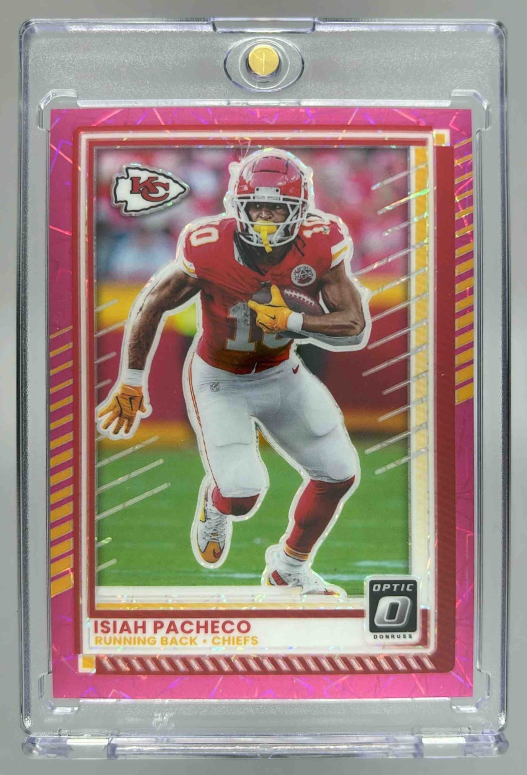 Card image for 2025 Panini Donruss Optic Isiah Pacheco Pink Velocity Prizm /99 #147 Chiefs