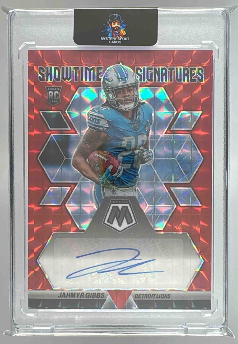 Card image for 2023 Panini Mosaic Jahmyr Gibbs Showtime Signatures Red /99 #SS-JG RC Auto Lions