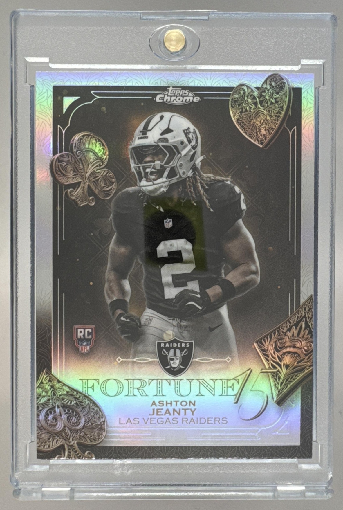 Card image for 2025 Topps Chrome Ashton Jeanty Fortune 15 Refractor #F15-24 RC Raiders