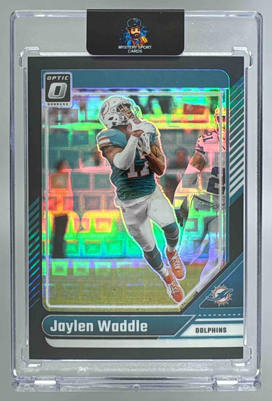 Card image for 2024 Panini Donruss Optic Jaylen Waddle Black Pandora /25 #124 Dolphins