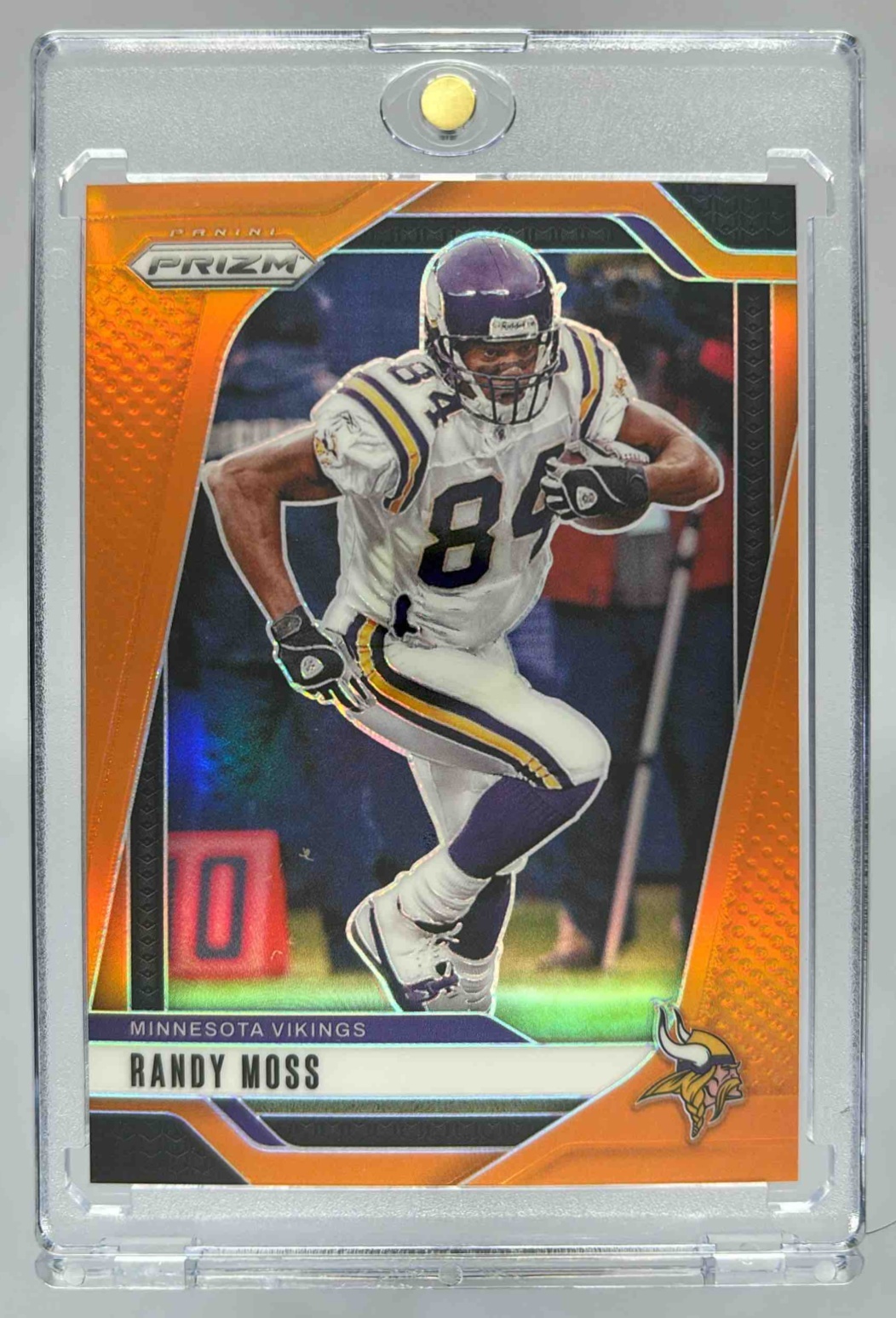 Card image for 2024 Panini Football Prizm Randy Moss Orange /249 #192 Minnesota Vikings