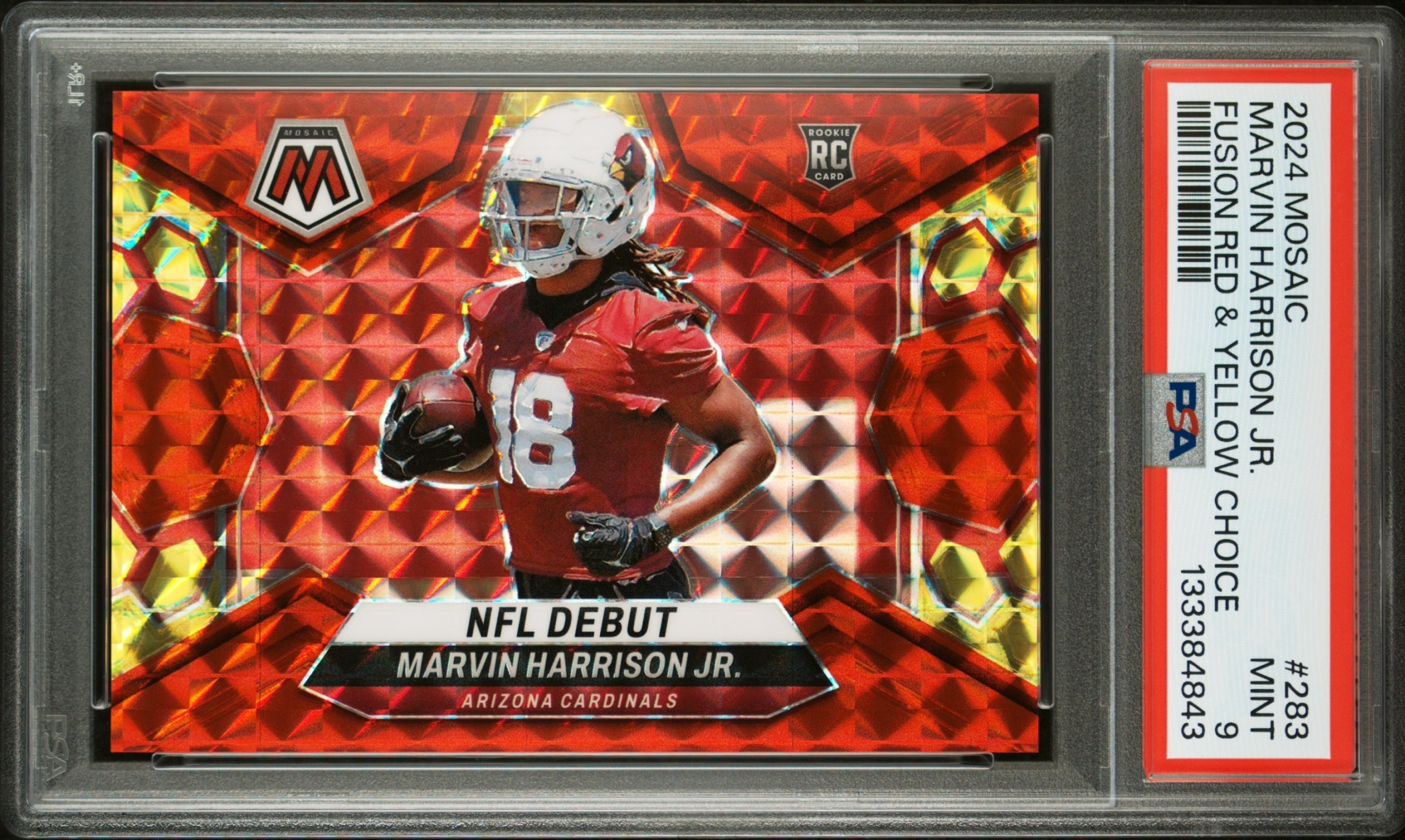 Card image for 2024 Panini Mosaic Marvin Harrison Jr. Choice Fusion Red and Yellow Prizm /80 #283 RC NFL Debut Cardinals