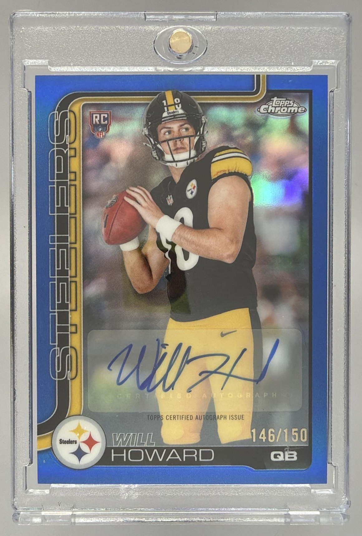 Card image for 2025 Topps Chrome Will Howard Rookie Auto Blue Refractor /150 #RA-WH RC Steelers