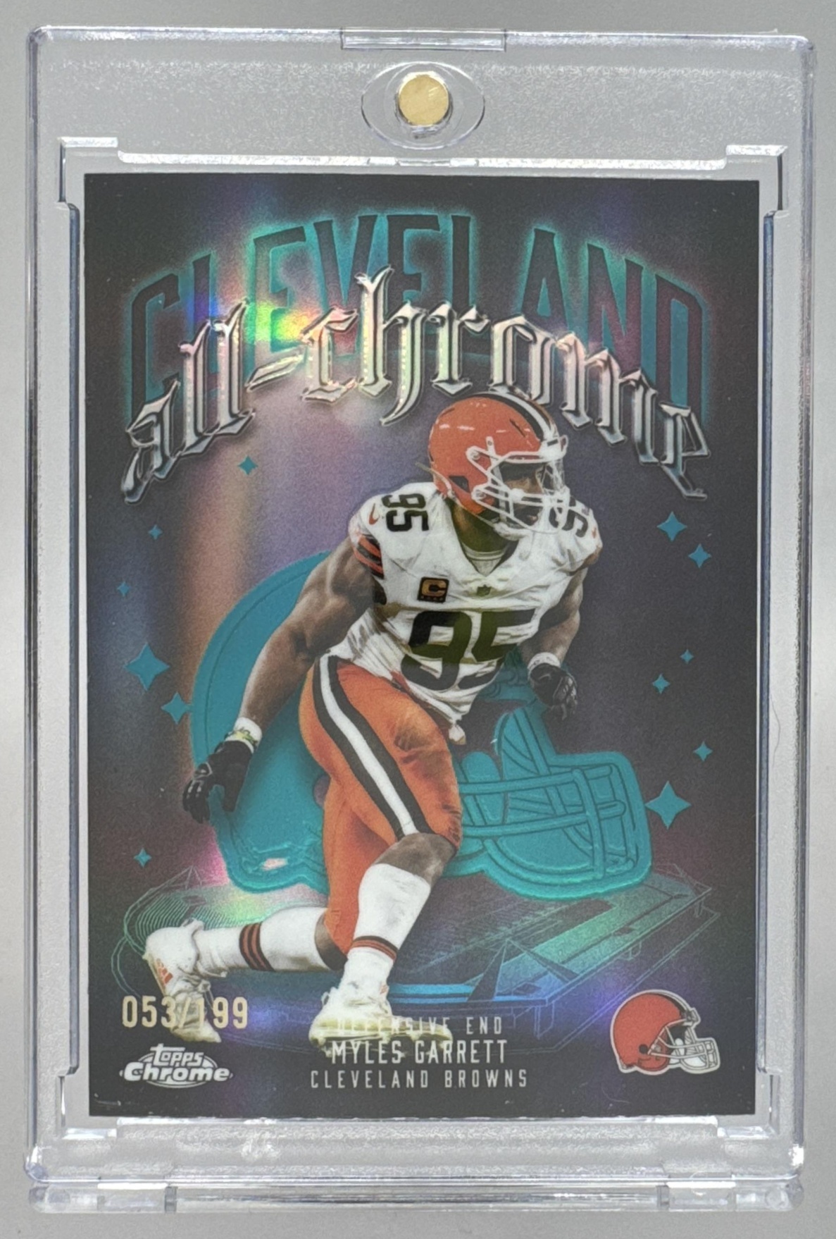 Card image for 2025 Topps Chrome Myles Garrett All Team Aqua Refractor /199 #ACT-15 Browns
