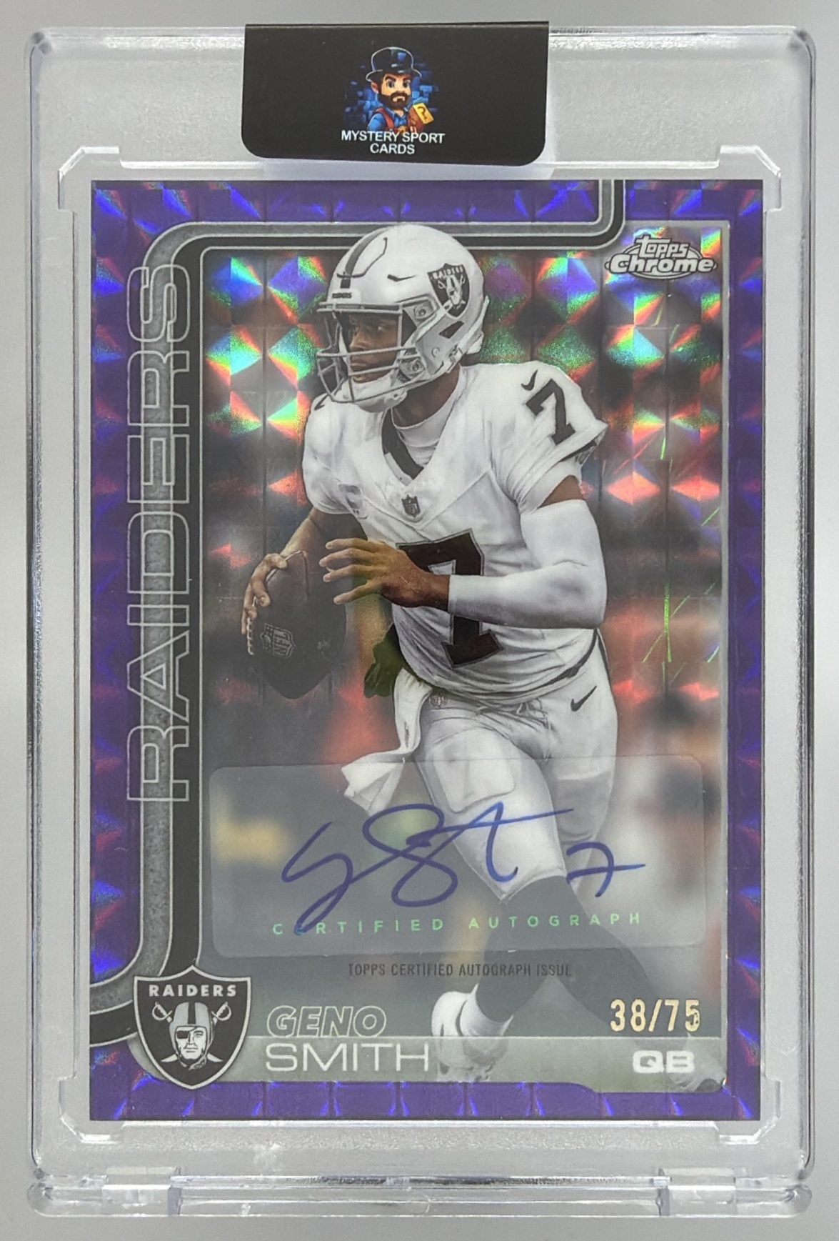 Card image for 2025 Topps Chrome Geno Smith Auto Purple Geometric Refractor /75 #BA-GS Raiders