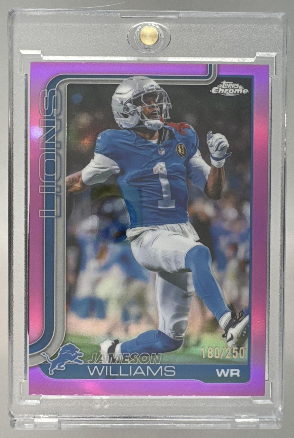 Card image for 2025 Topps Chrome Jameson Williams Pink Wave Refractor /250 #97 Lions