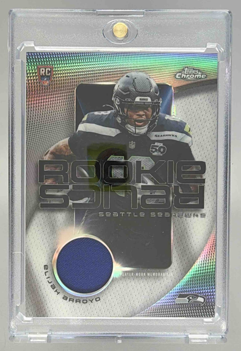 Card image for 2025 Topps Chrome Elijah Arroyo Rookie Relics #RR-ERR MEM RC Seahawks