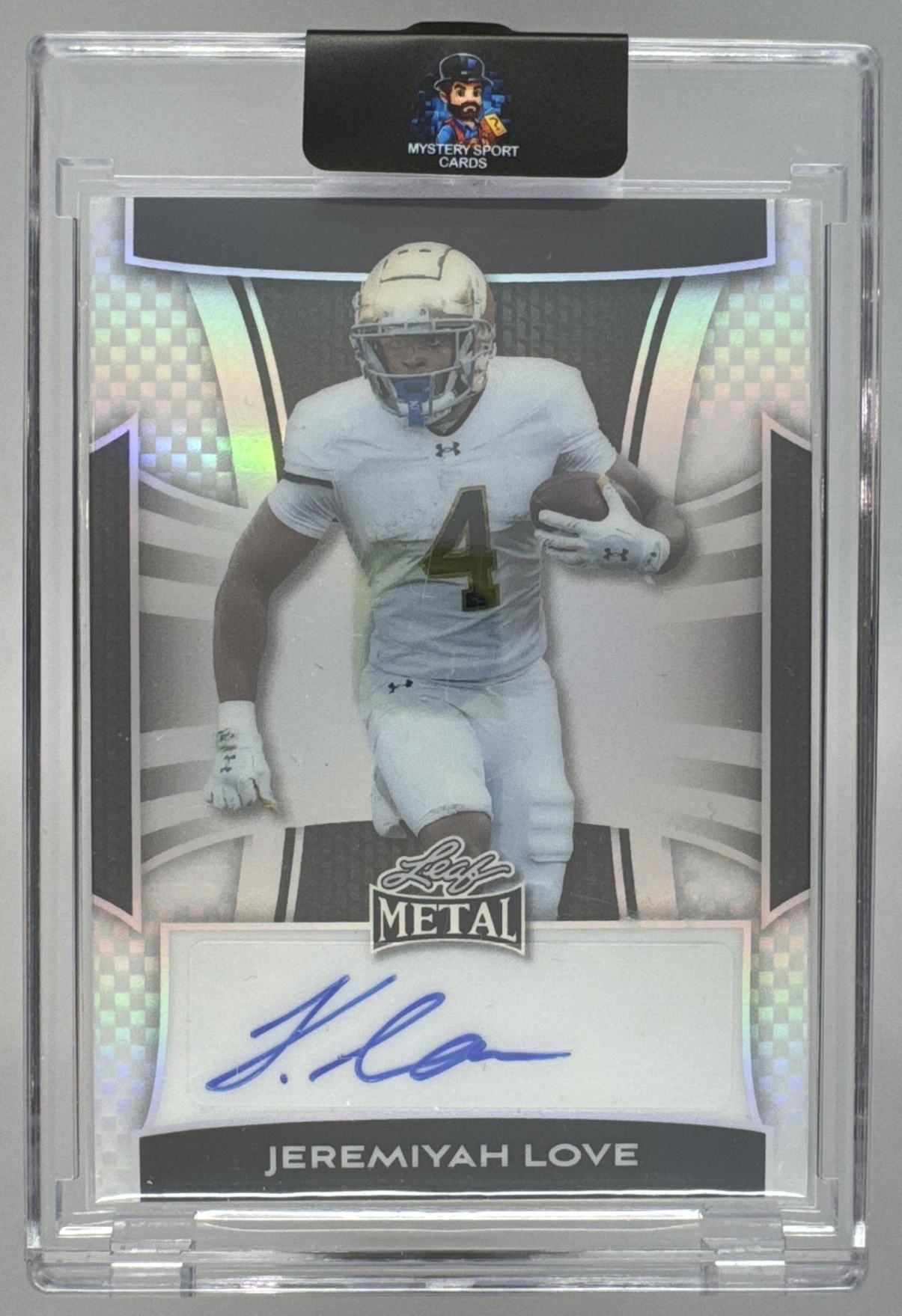 Card image for 2025 Leaf Football Metal Jeremiyah Love Auto Laser Silver #BA-JL1