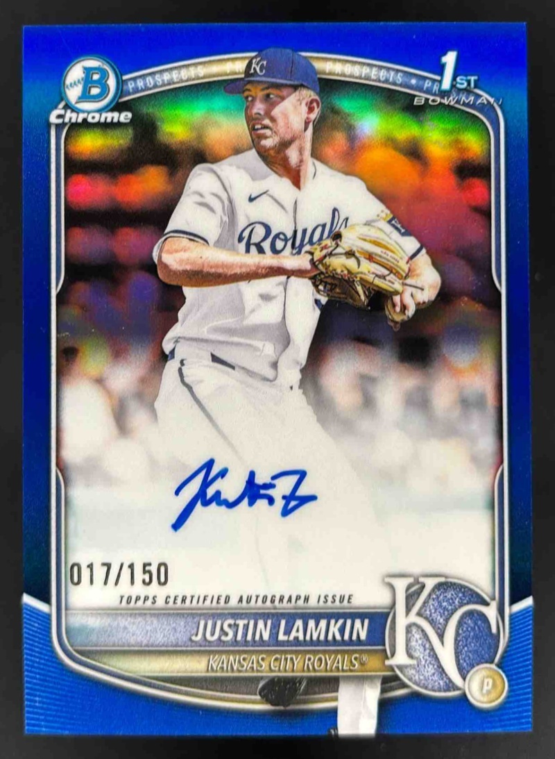 Card image for 2025 Bowman Draft Justin Lamkin Chrome Auto Blue Refractor /150 1st Prospect