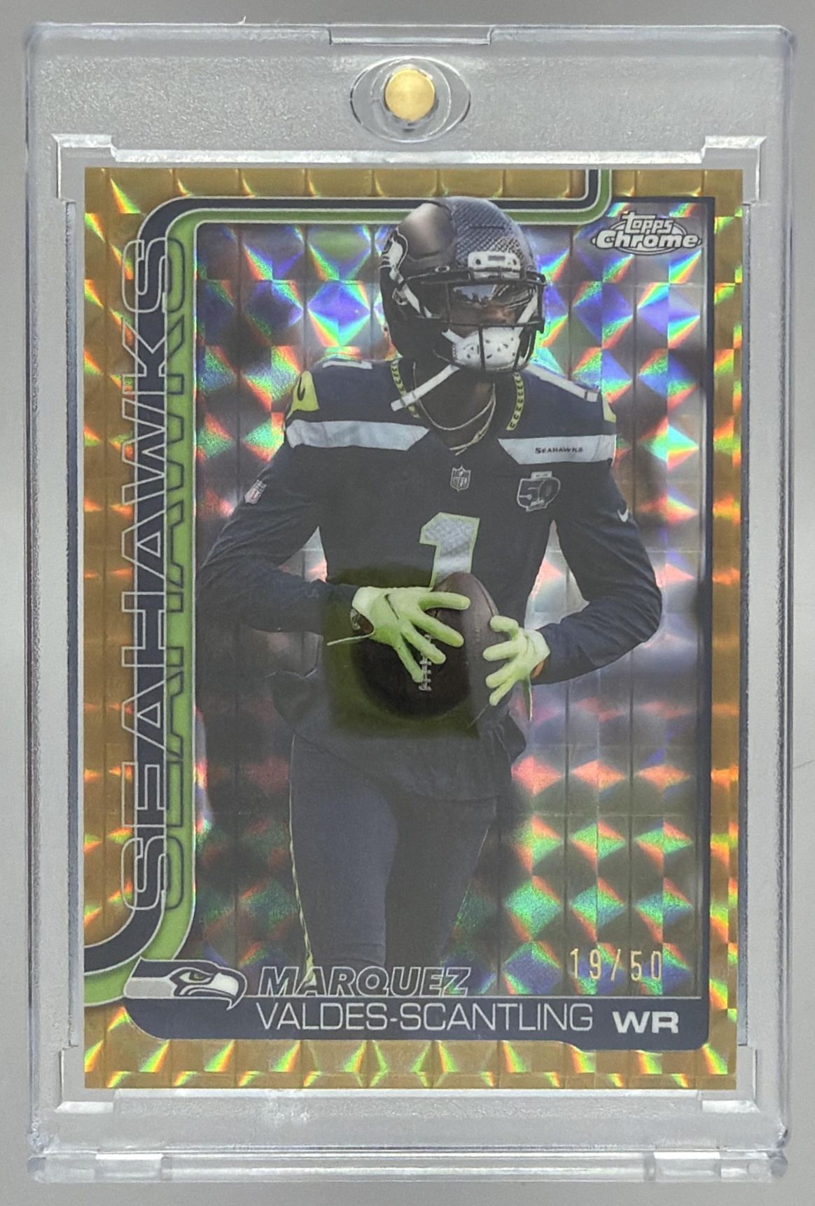 Card image for 2025 Topps Chrome Marquez Valdes-Scantling Gold Geometric Refractor /50 #272 Seahawks