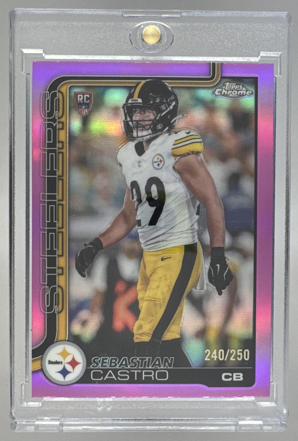 Card image for 2025 Topps Chrome Sebastian Castro Rookie Pink Wave Refractor /250 #370 RC Steelers