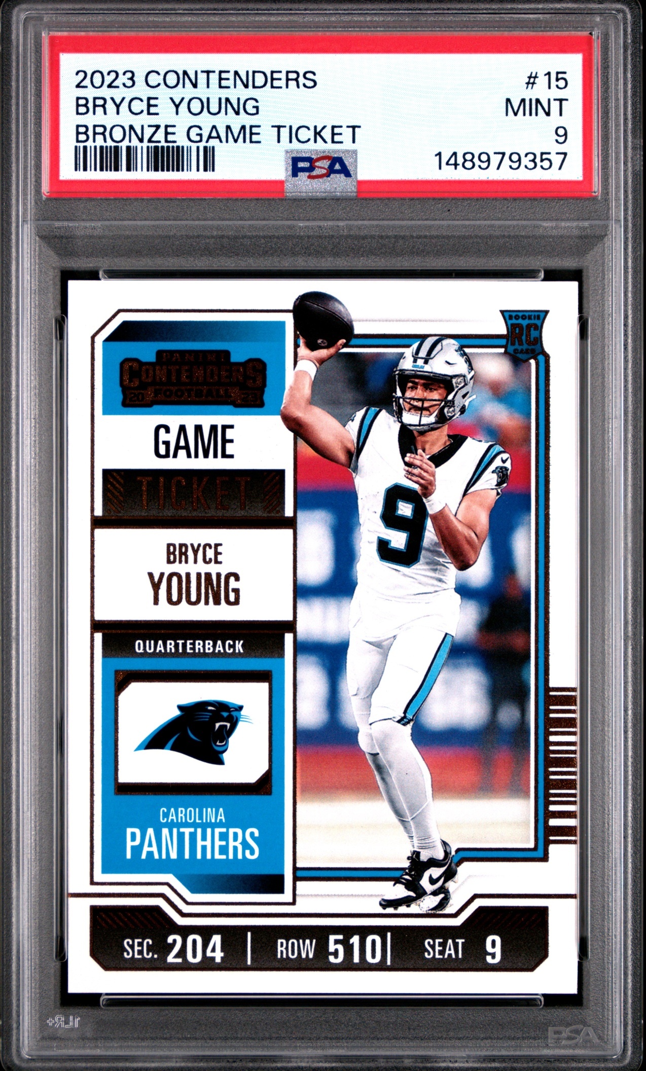 Card image for 2023 Panini Contenders Bryce Young Game Ticket Red #15 Season RC Panthers