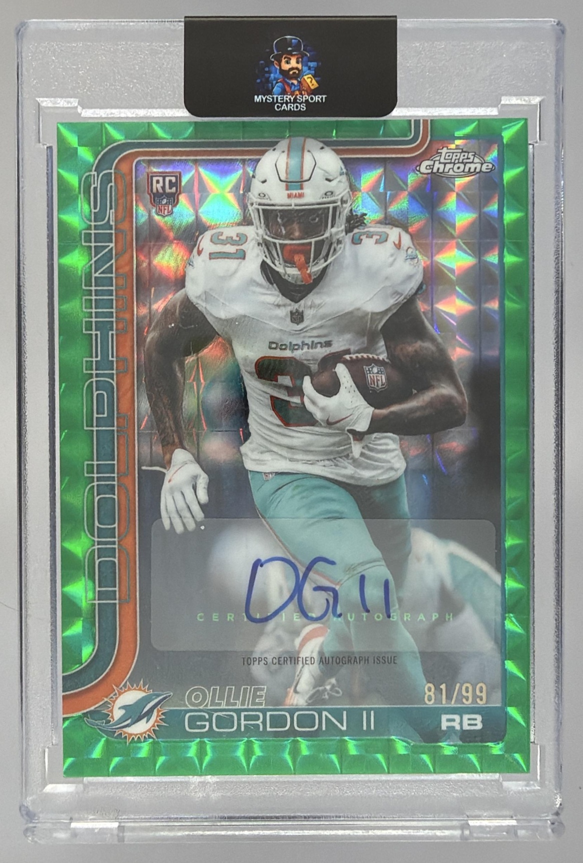 Card image for 2025 Topps Chrome Ollie Gordon II Rookie Auto Green Lava Refractor /99 #RA-OG RC Dolphins