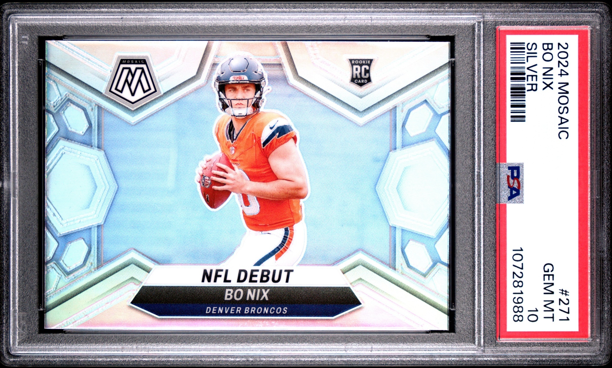 Card image for 2024 Panini Football Mosaic Bo Nix Silver Prizm #271 RC NFL Debut Denver Broncos