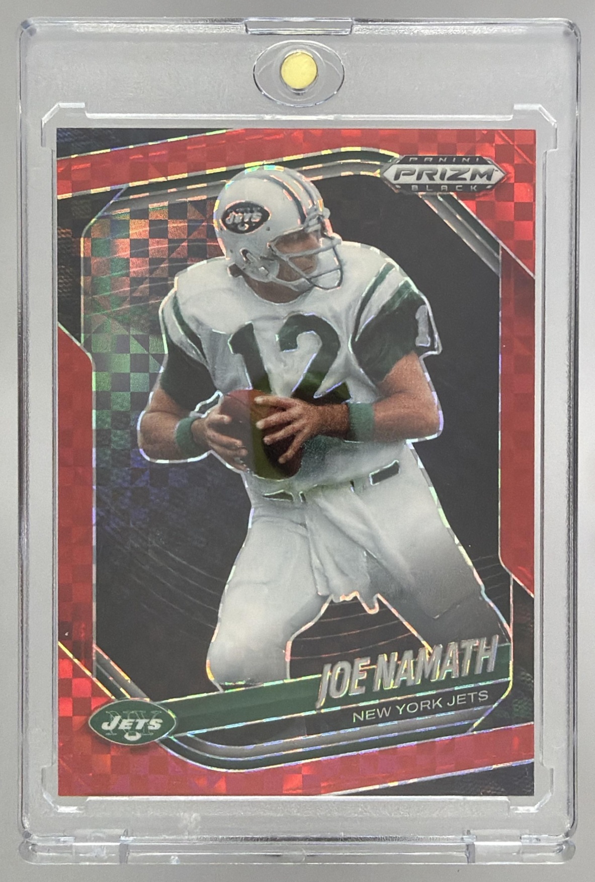Card image for 2025 Panini Football Prizm Black Joe Namath Red Power /75 #106 New York Jets