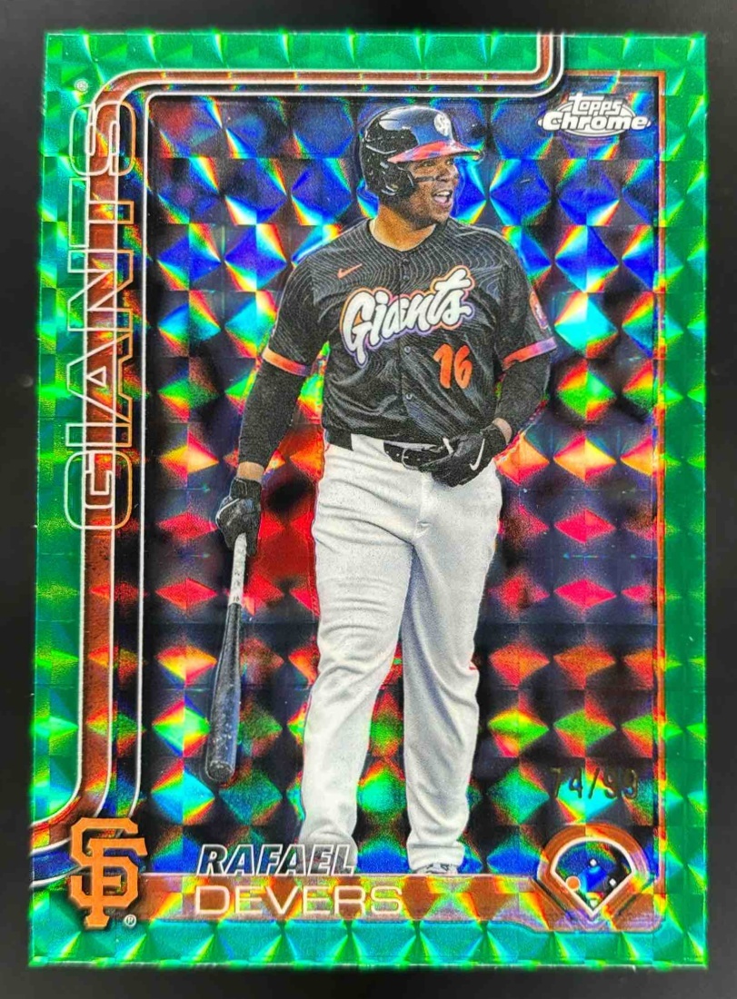 Card image for 2025 Topps Chrome Update Rafael Devers Green Geometric Refractor /99