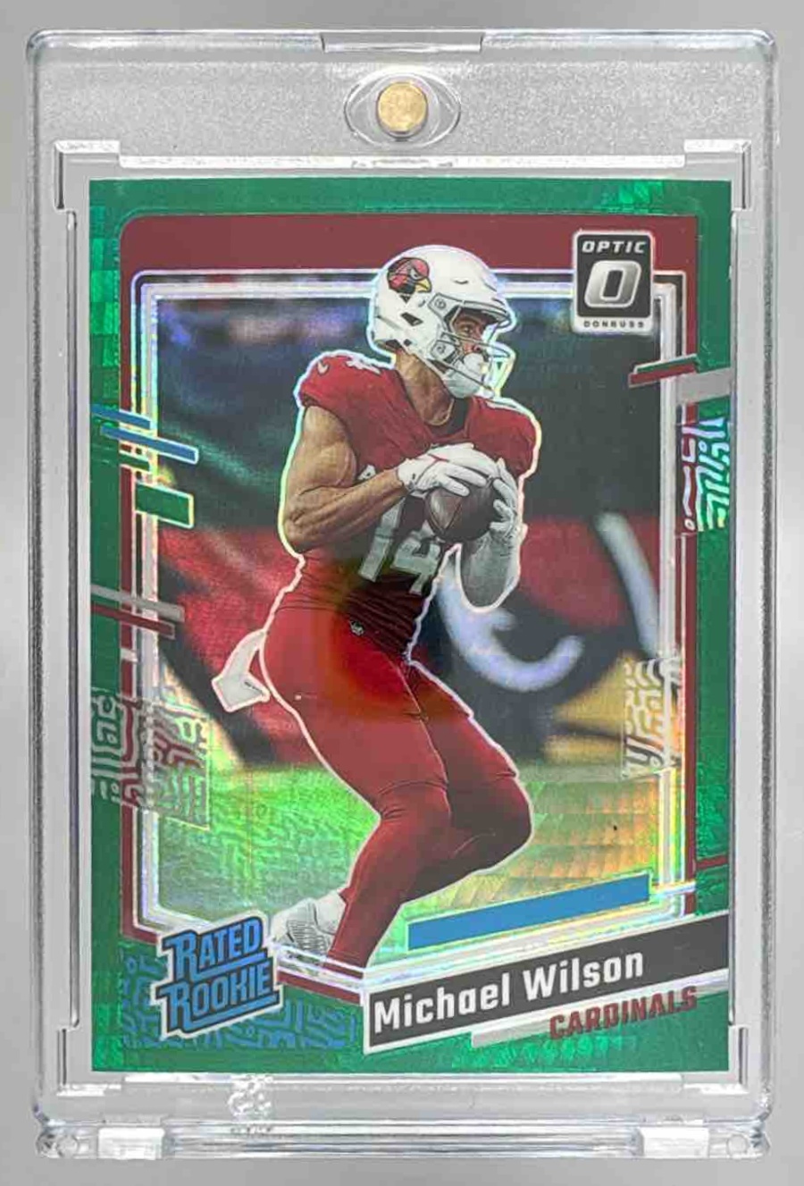 Card image for 2023 Panini Donruss Optic Michael Wilson Green Hyper Prizm #204 RC Rated Rookie Cardinals