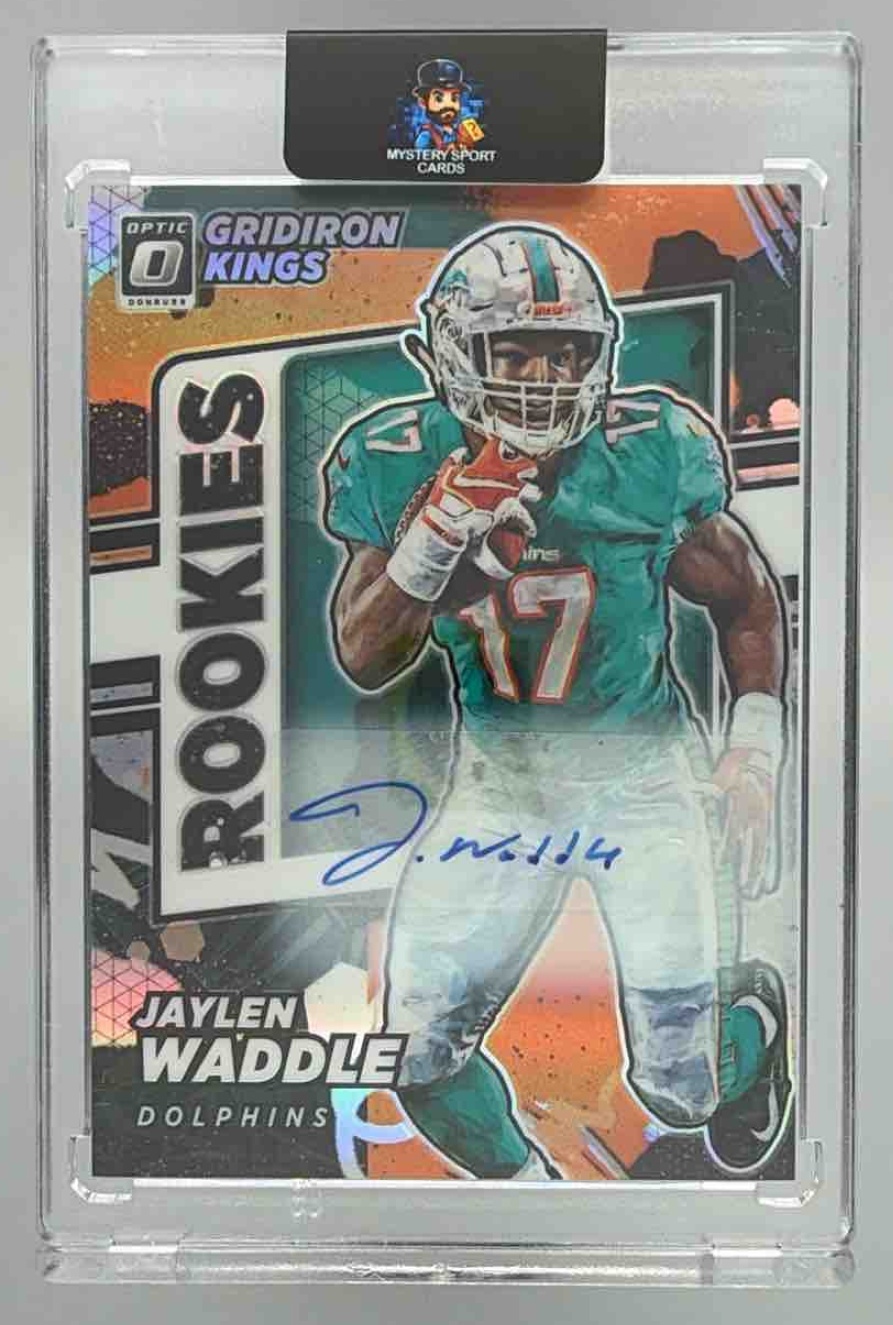 Card image for 2021 Panini Donruss Optic Jaylen Waddle Rookie Gridiron Kings Auto /99 #RGK-8 RC Dolphins