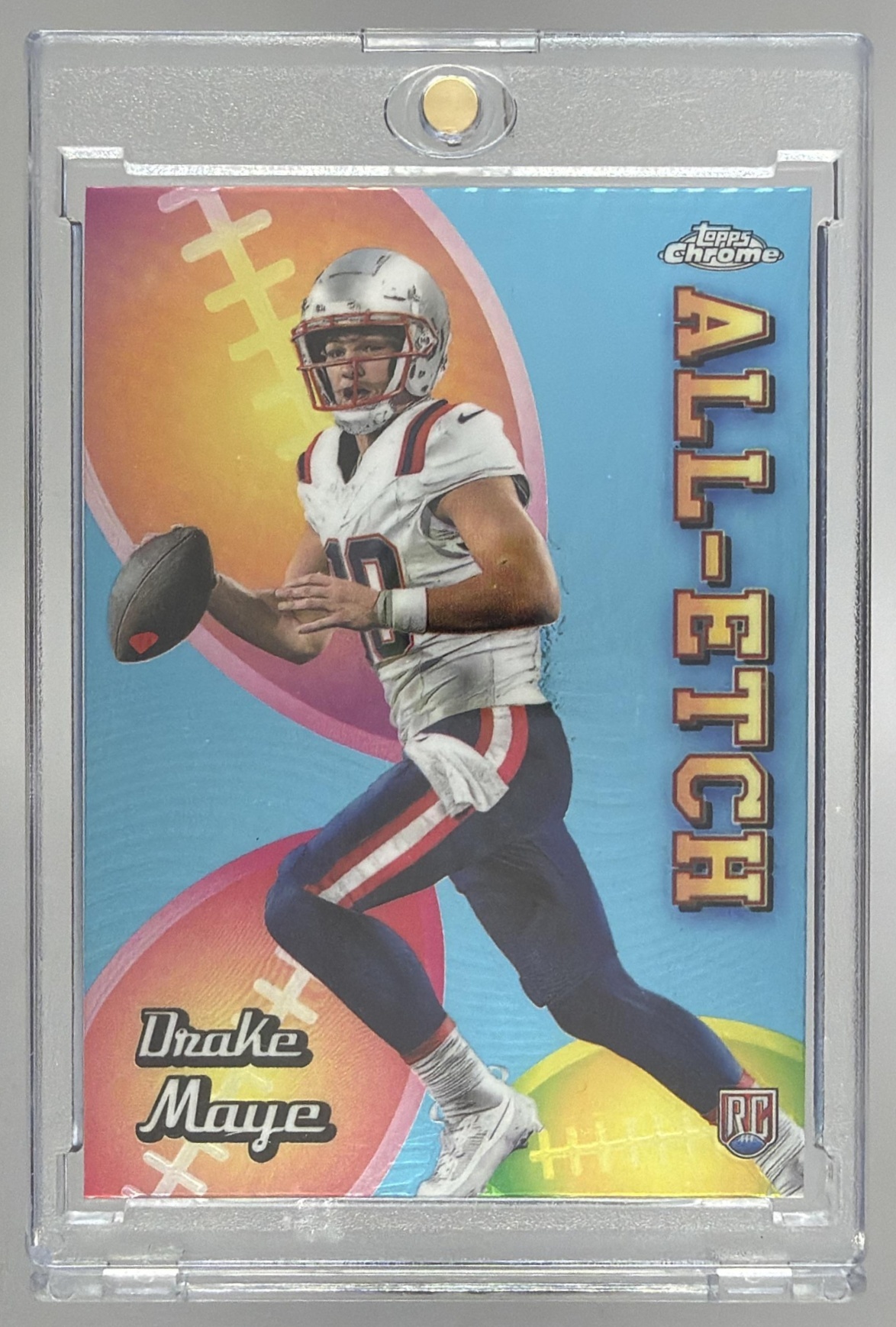 Card image for 2024 Topps Chrome Drake Maye All-Etch Refractor #CAE-DM RC Patriots
