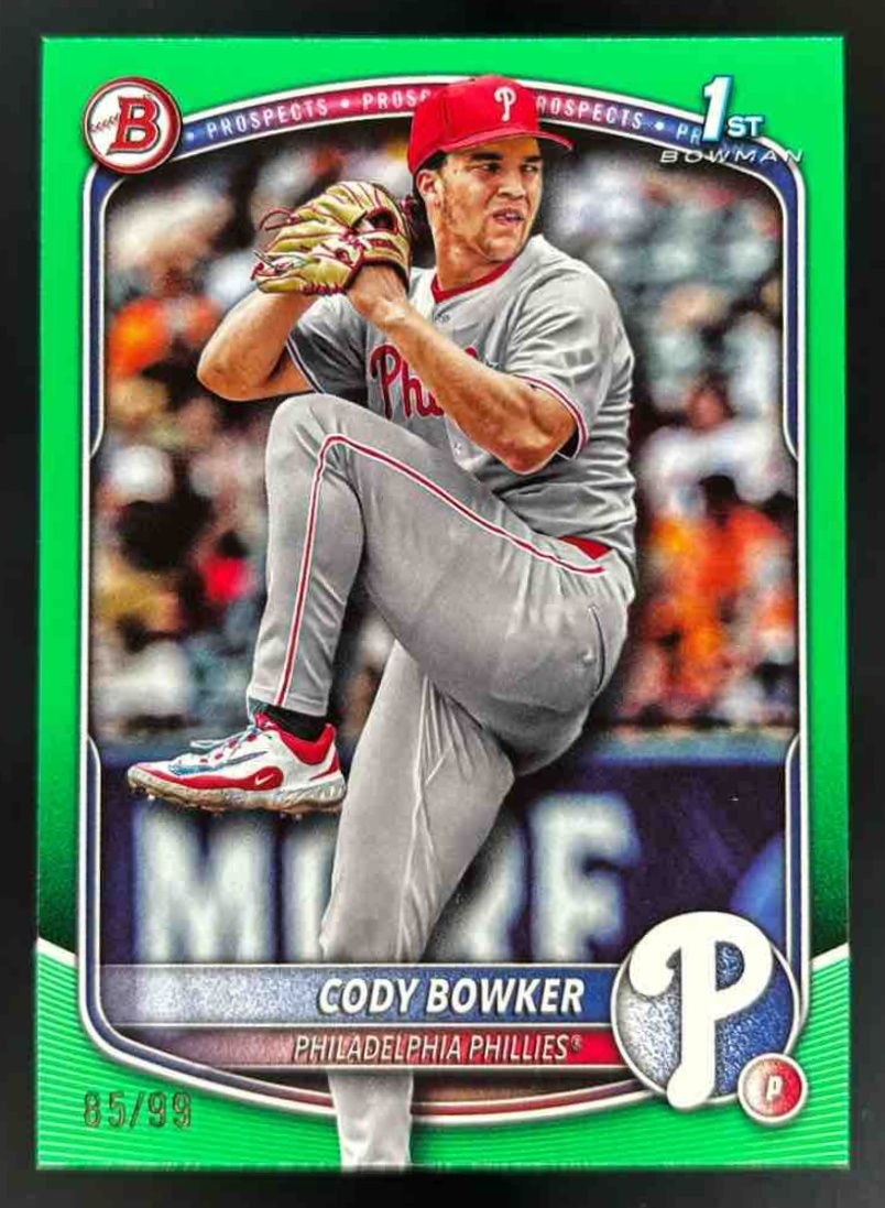 Card image for 2025 Bowman Draft Cody Bowker Green Border /99 #BD-140 Phillies